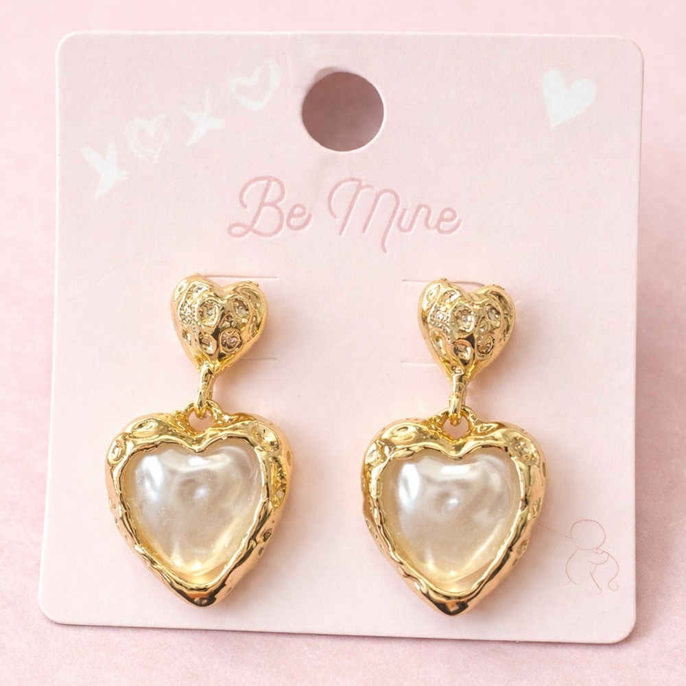 Gold Pearl Heart Drop Earrings Romantic Statement Earrings